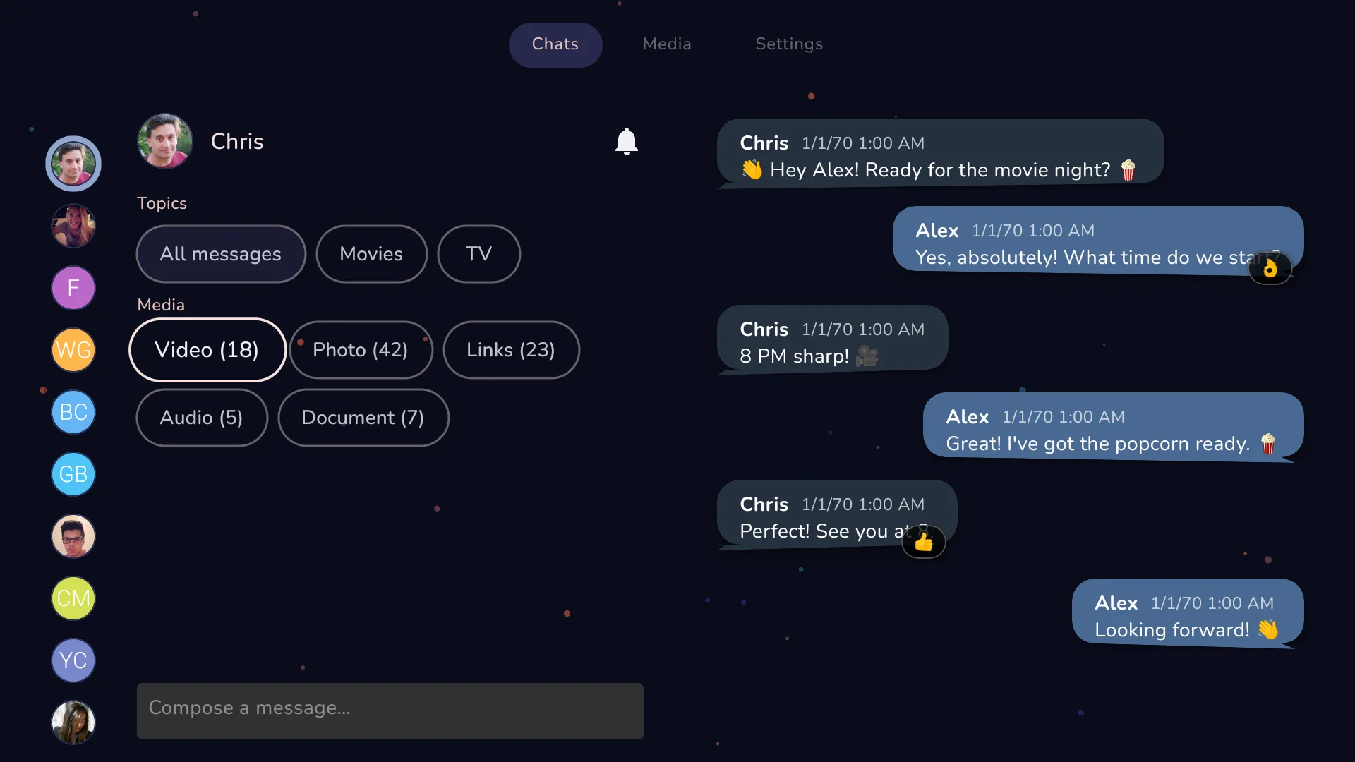 A conversation on the TV, with topic and media filters (video, photo, links, audio, documents) for that chat
