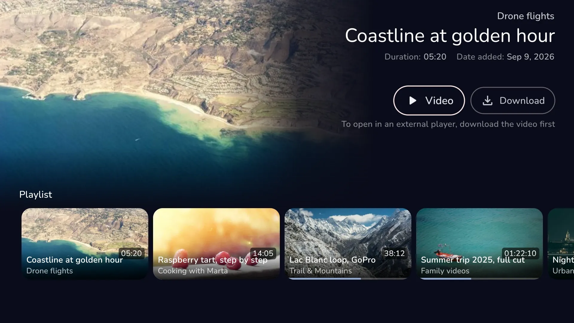 A video's page: title, duration, Video and Download buttons, and the chat's other videos as a playlist below
