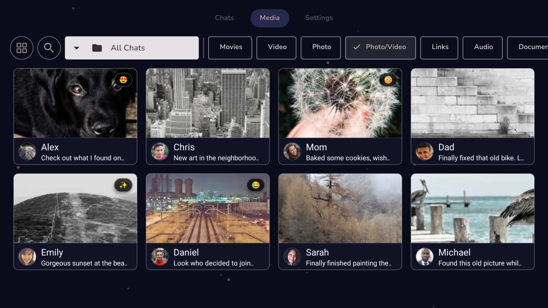 The Tevegram library: a grid of media from all chats, filtered by type, with sender and caption