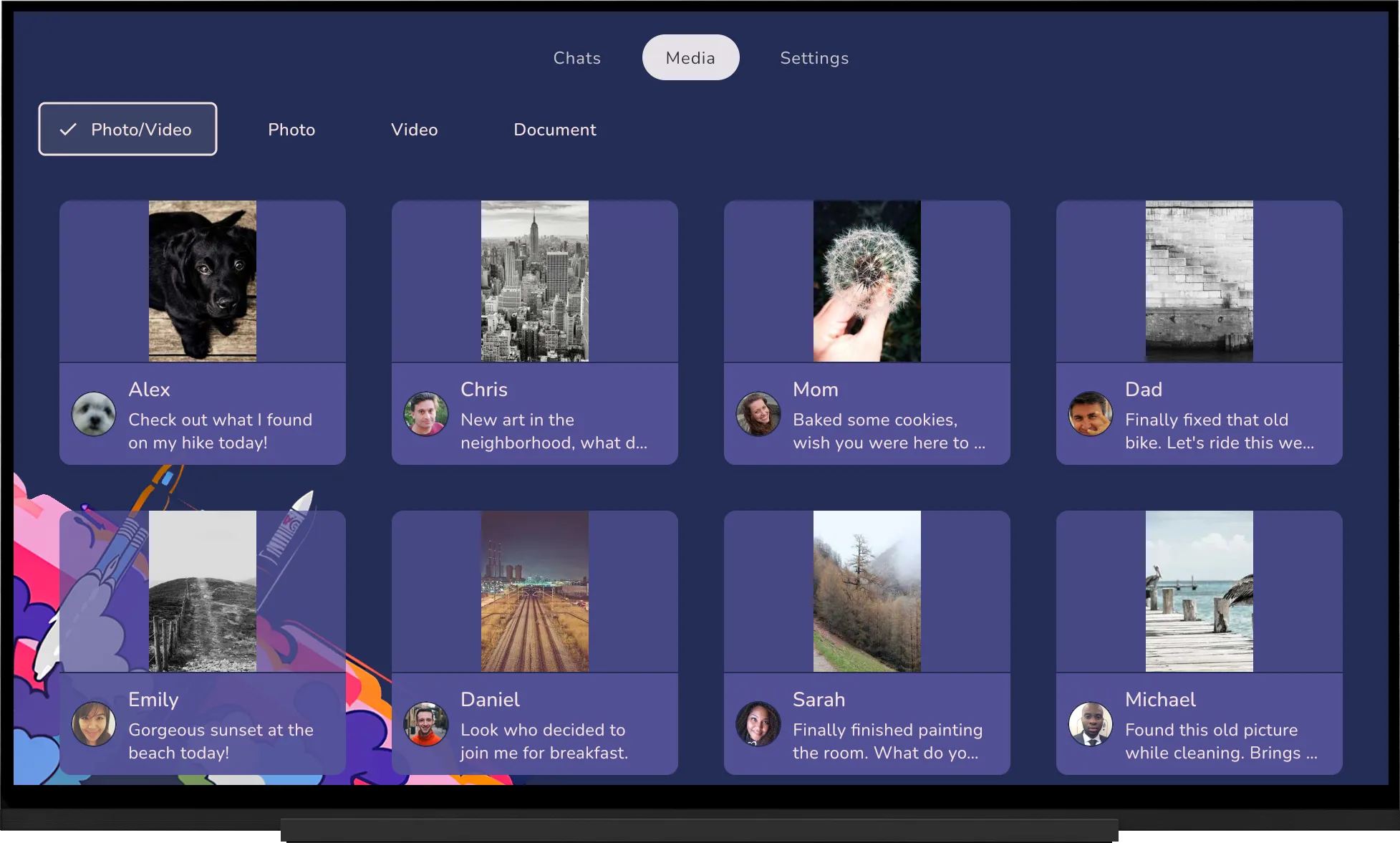 La bibliothèque Tevegram sur une TV : grille de vidéos avec vignettes, expéditeur et filtres par type